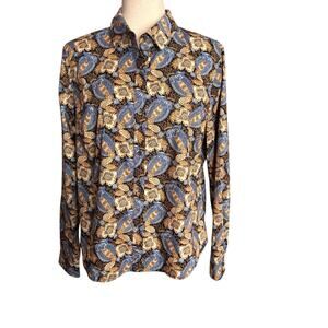 J. McLaughin Top Button Up Blue Tan Print Cotton Size Large EUC